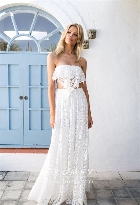 Fashion Two Piece White Lace Column Long Wedding Dress