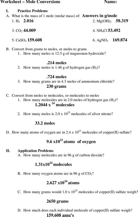 Avogadro S Number And The Mole Worksheets