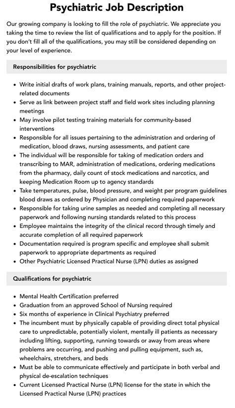 Psychiatric Job Description Velvet Jobs