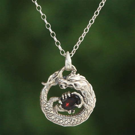 Garnet And Sterling Silver Unisex Dragon Pendant Necklace Dragons