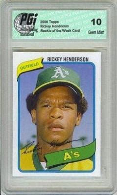 With two world series wins and an endless stream of records and achievements which are almost unmatched, his longevity is legendary. Rickey Henderson Topps Rookie of the Week Card PGI 10
