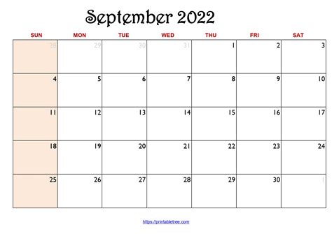 2022 Monthly Calendar Printable Free Pdf September