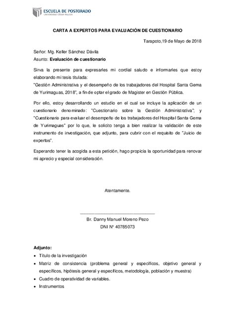 Doc Carta A Expertos Para EvaluaciÓn De Cuestionario Danny Moreno