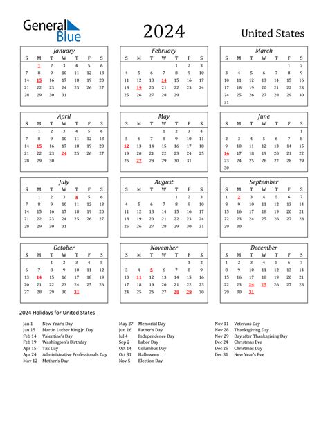 2024 Printable Calendar With Holidays Usa Pdf Download Fayth Jennica