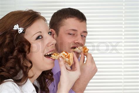 Lovely People Eat The Pizza Stock Image Colourbox