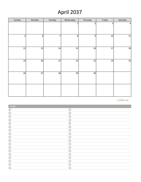 April 2037 Calendar With To Do List