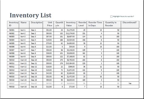Inventory List Excel Template