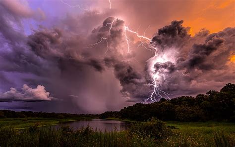 Hd Wallpaper Nature Thunder Lightning Clouds Sky Evening Lake
