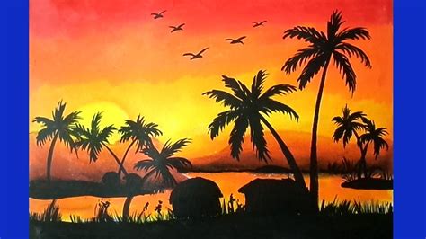 Village Sunset Scenery Drawing With Oil Pastels For Beginners Step By