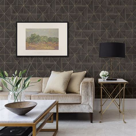 Diamonds in shades of deep grey form intricate, undulating patterns accented by raised inks and metallic highlights. 2908-25321 - Cheverny Dark Brown Geometric Wood Wallpaper ...