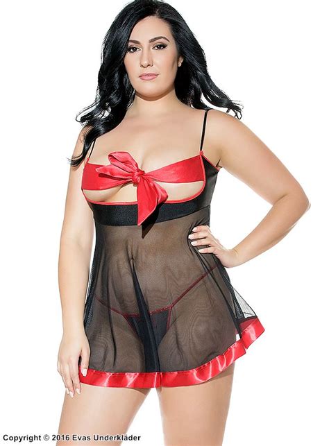 Sexy Babydoll See Through Mesh Open Cups Satin Bow Plus Size