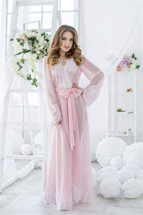 Long Pink Chiffon Bridal Robe With Lace Trim Chiffon Bridal Robe
