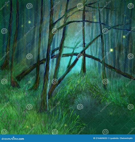 Enigmatic Mysterious Enchanted Forest Fireflies And Magic Light In A