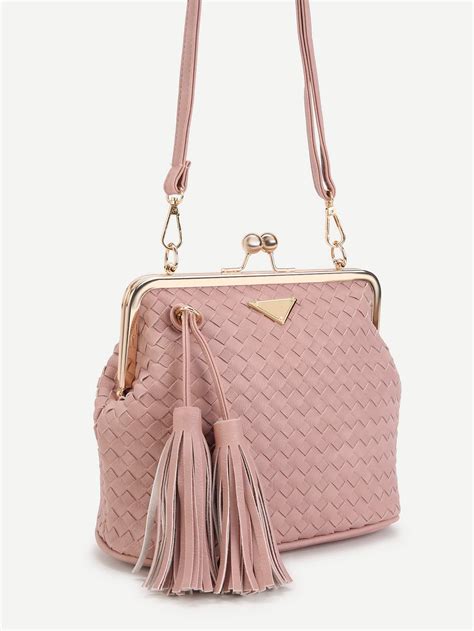 Pink Woven Pu Tassel Trim Crossbody Bag Sheinsheinside