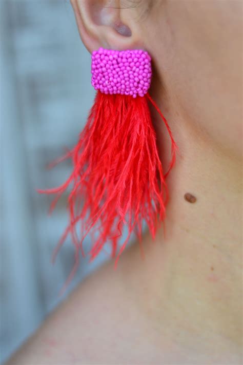 Feather Earrings Beaded Earrings Beaded Jewelry Handmade Jewelry Pink Earrings Fabric