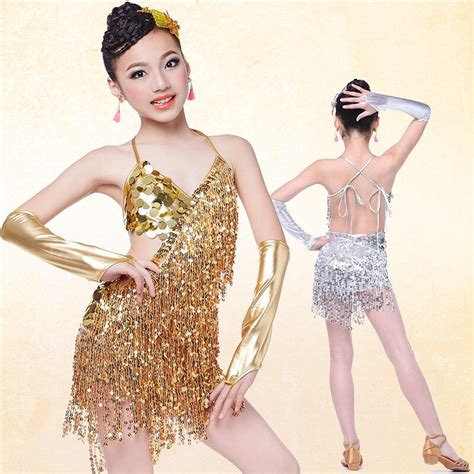 Gold Tassel Sequin Modern Girl Latin Dance Dress For Girls Ballroom Dancing Dress Girl