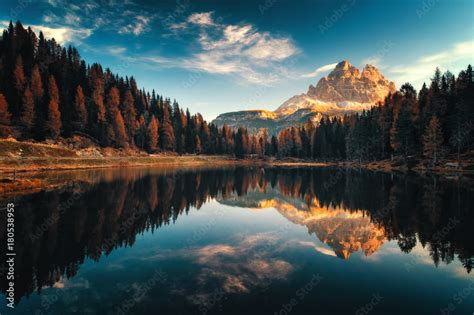 Aerial View Of Lago Antorno Dolomites Lake Mountain Landscape With