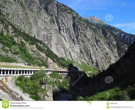 Scenic Stony Road Tunnel In Swiss Alps In Switzerland Stock Image