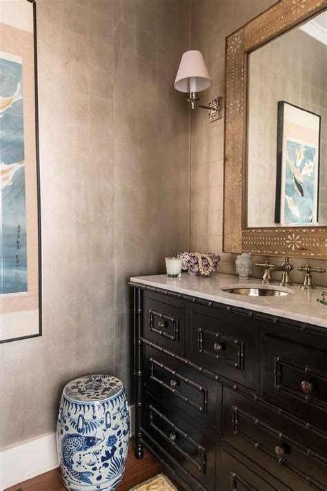 Asian Inspired Powder Room Boasts A Chinoiserie Drum Stool