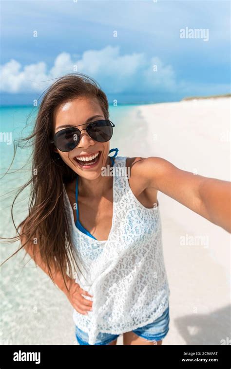 Beach Selfie Young Asian Woman Taking Fun Photo With Phone On Caribbean Tropical Summer Holidays