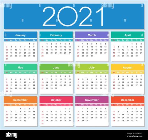Colorido Calendario Del Año 2021 La Semana Comienza El Domingo Ilustración Vectorial Aislada