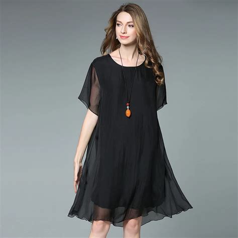 4xl Women Summer Dress Silk Chiffon Loose Black Plus Size Short Sleeve