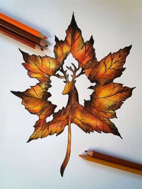 Deer Leaf Color Pencil Drawing Maple Leaf Tattoo