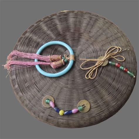 19th century round wicker chinese sewing basket with peking glass ruby lane