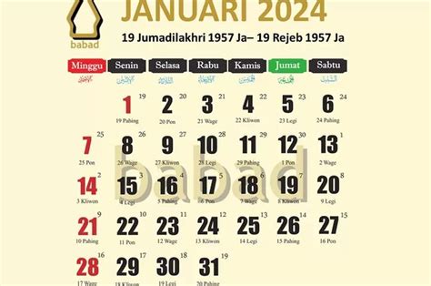Kalender Jawa Januari 2024 Beserta Weton Dan Hari Libur Nasional
