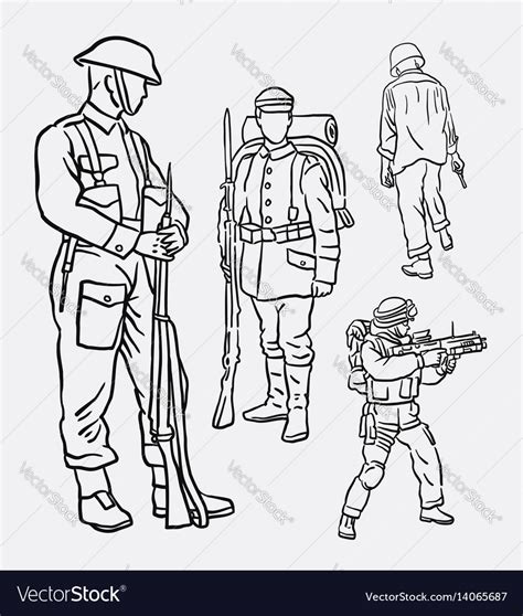 Army Soldier Pose Action Hand Drawing Royalty Free Vector