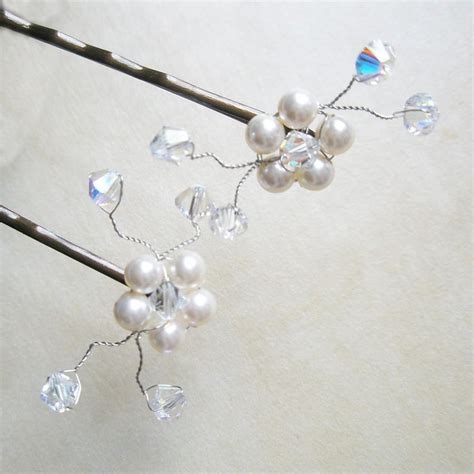 Pearl Hair Pins Hand Beaded Flower Ivory Swarovski Pearl Crystal