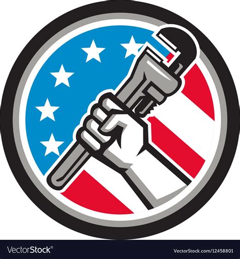 Plumber Hand Pipe Wrench Usa Flag Side Angled Vector Image