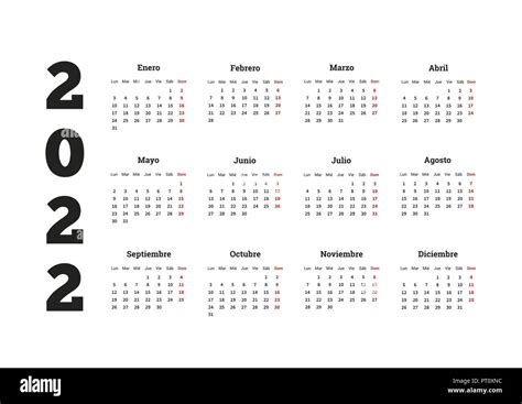 2022 Año Calendario Simple En Español Sobre Blanco Imagen Vector De