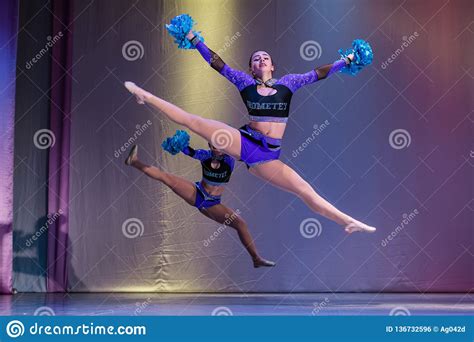 Athletes Perform On Stage, Young Cheerleaders Perform At The Cheerleading Championship, Girls In 