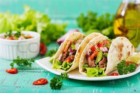 Mexican Tacos With Beef In Tomato Sauce Stock Image Colourbox