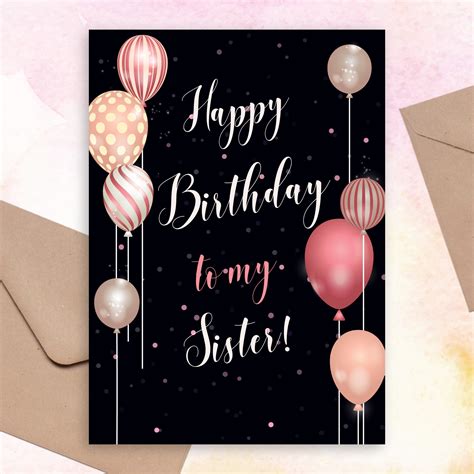 Pink Glitter Balloons Birthday Card For Sister Template Editable Online
