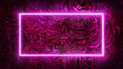 Pink Neon Frame On Pink Roses Background Digital Painting Stock
