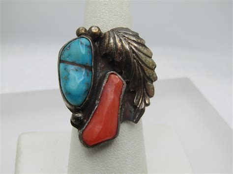 At Auction Vintage Sterling Southwestern Turquoise Coral Ring Old