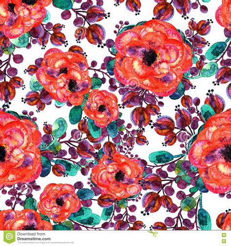 Watercolor Seamless Pattern With Rose And Leaf Red Flowers Green