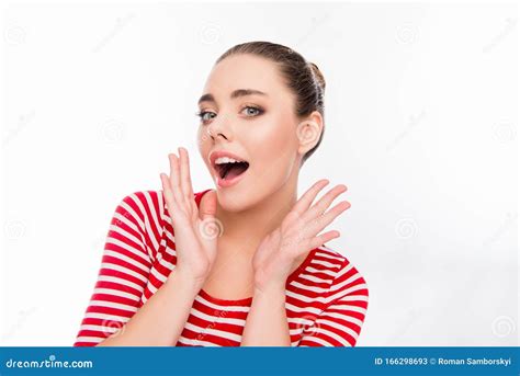 Portrait Of Surprised Happy Girl Gesturing With Hands Stock Image