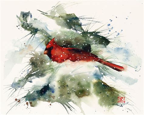 Cardinal In Snowy Tree Winter Watercolor Bird Print By Dean Etsy