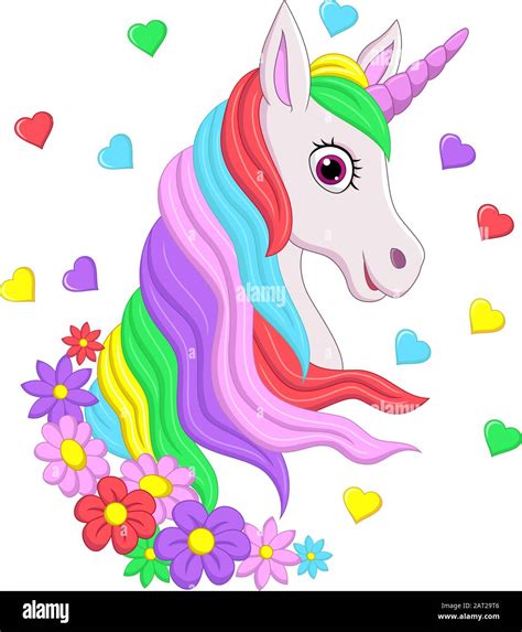 Cute Pink Unicorn Head With Rainbow Mane Flowers And Hearts Stock