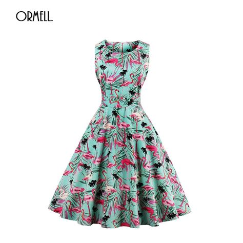 Ormell Vintage Women Print Party Dresses 2017 Summer Round Neck Sleeveless Ladies Plus Size