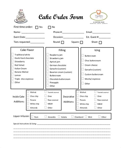 sample cake order forms  ms word  excel