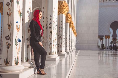 Fashion Woman In Grand Mosque In Abu Dhabi Stock Photo Image Of