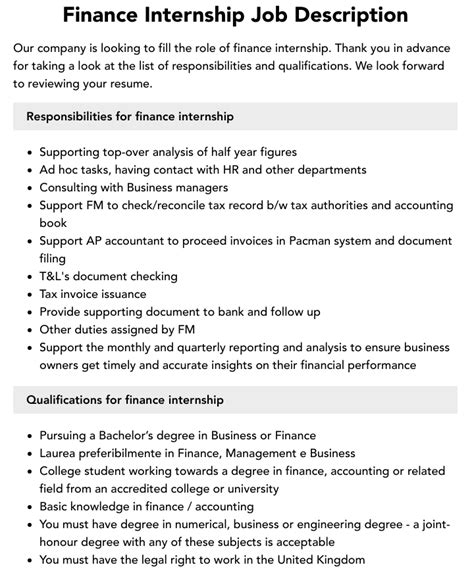Finance Internship Job Description Velvet Jobs