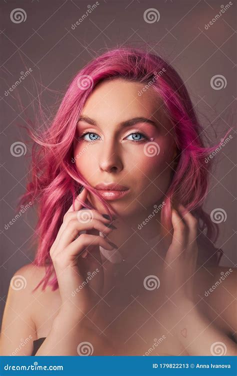 Art Beauty Portrait Of A Woman With Pink Hair Creative Coloring Bright Colored Highlights And