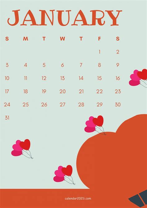 Cute January 2021 Calendar Design Free Download