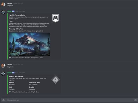 Discussion about said topics are allowed, but encouraging, offering or suggesting the breaking of the tos is not allowed. Discord bot for clan stats: Meet Ghost : destiny2