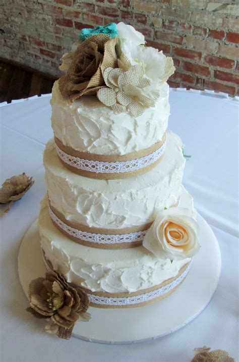 Burlap And Lace Wedding Cake 10 8 6 Inch Tiers Burlap Wedding Cake